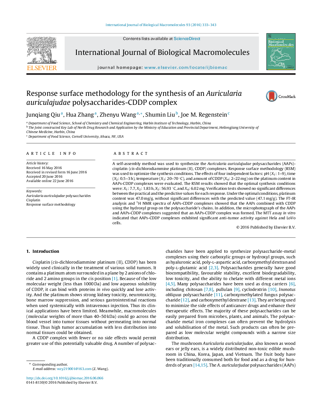 Response surface methodology for the synthesis of an Auricularia auriculajudae polysaccharides-CDDP complex