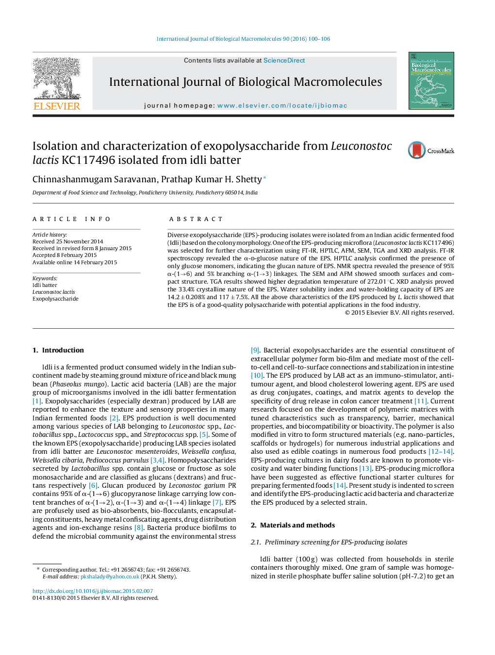 Isolation and characterization of exopolysaccharide from Leuconostoc lactis KC117496 isolated from idli batter