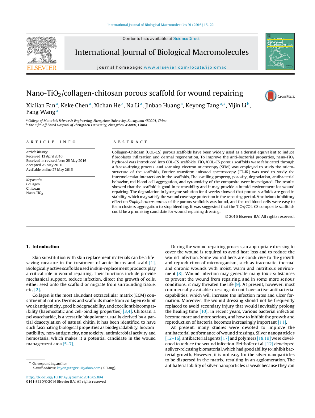 Nano-TiO2/collagen-chitosan porous scaffold for wound repairing