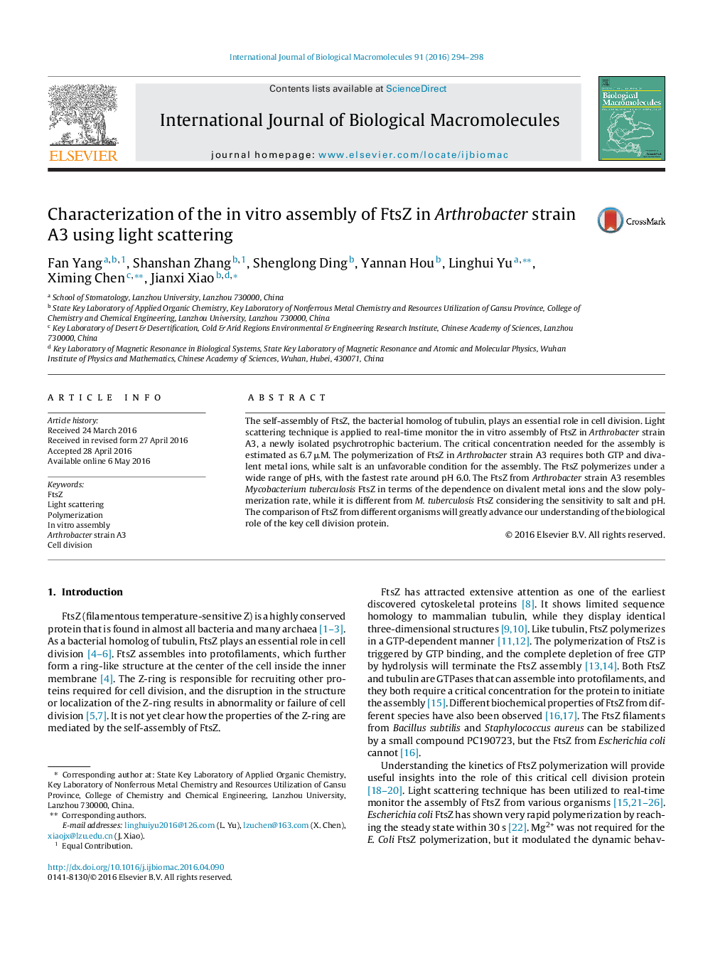 Characterization of the in vitro assembly of FtsZ in Arthrobacter strain A3 using light scattering