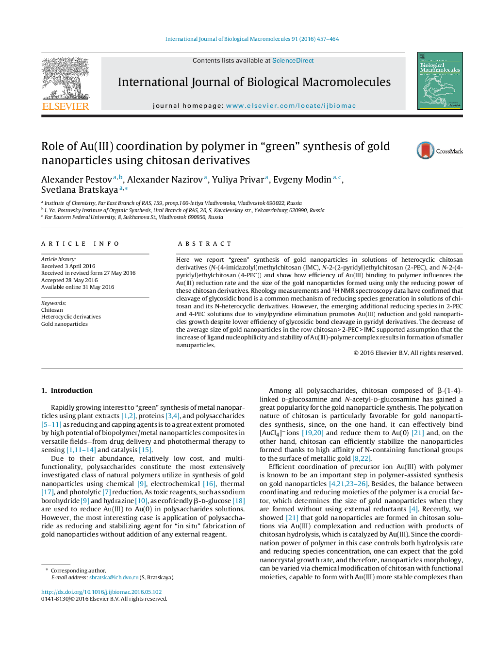 Role of Au(III) coordination by polymer in “green” synthesis of gold nanoparticles using chitosan derivatives