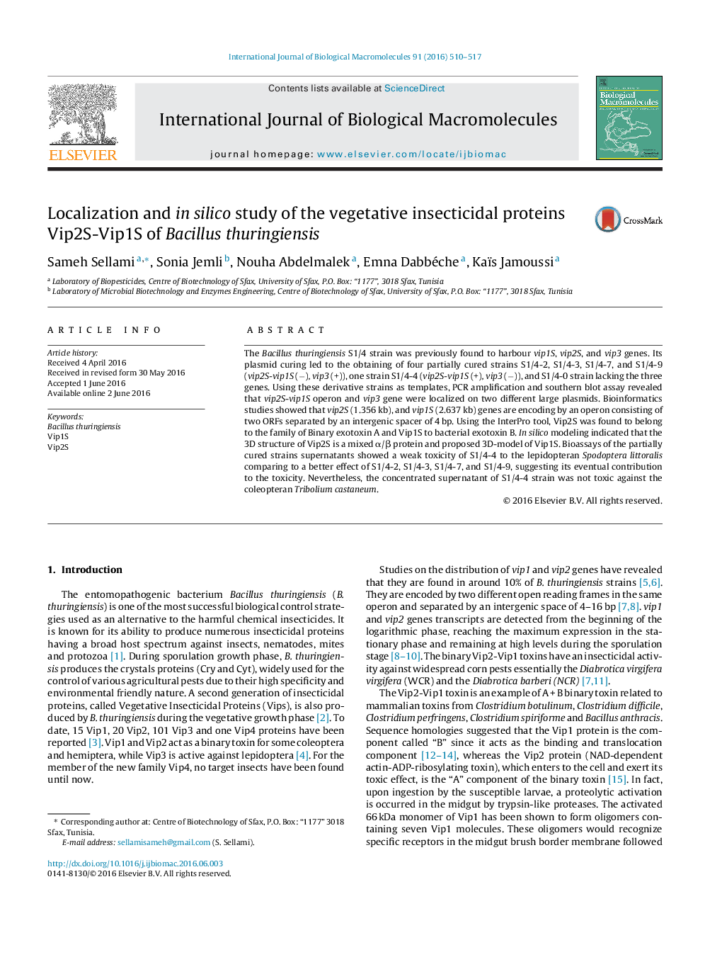 Localization and in silico study of the vegetative insecticidal proteins Vip2S-Vip1S of Bacillus thuringiensis