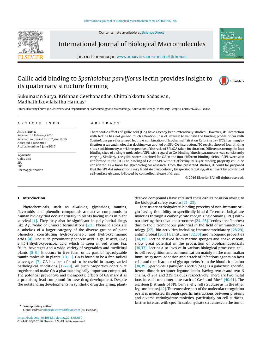 Gallic acid binding to Spatholobus parviflorus lectin provides insight to its quaternary structure forming