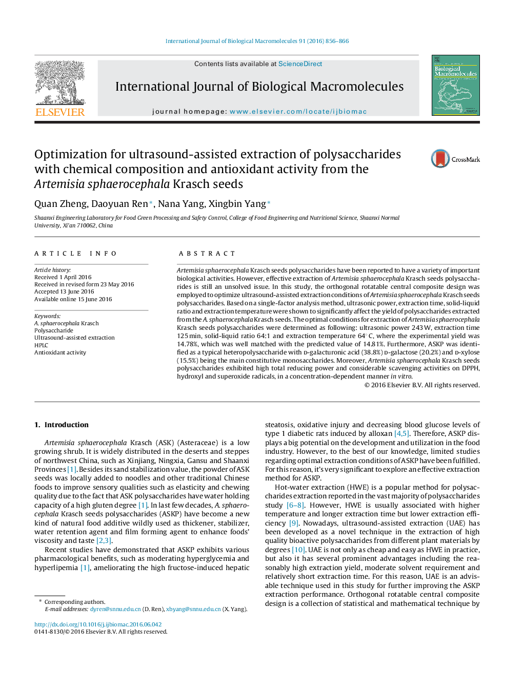 Optimization for ultrasound-assisted extraction of polysaccharides with chemical composition and antioxidant activity from the Artemisia sphaerocephala Krasch seeds