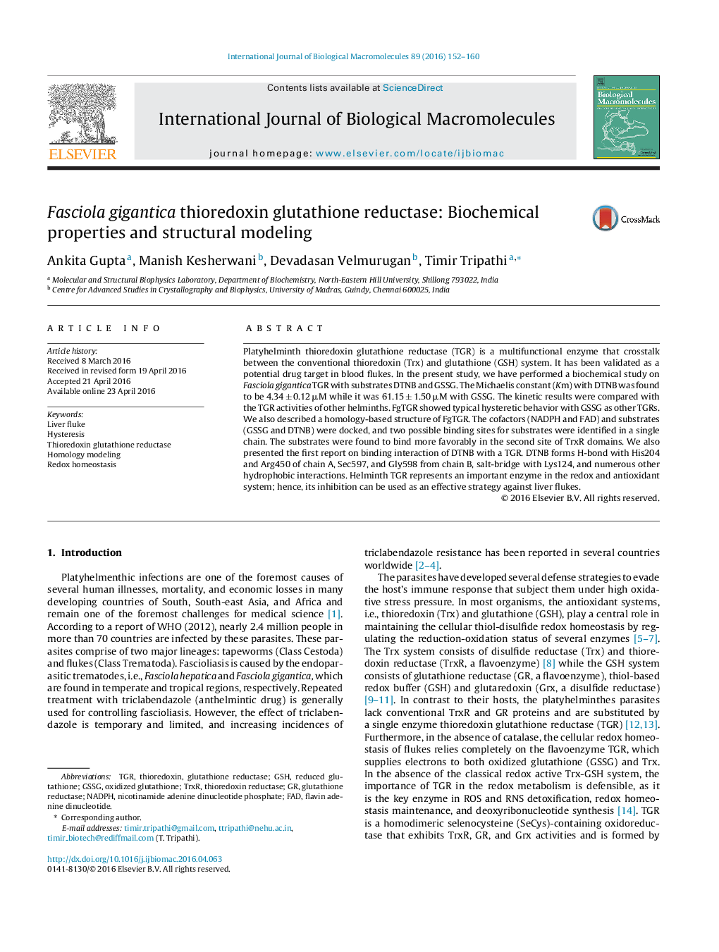 Fasciola gigantica thioredoxin glutathione reductase: Biochemical properties and structural modeling