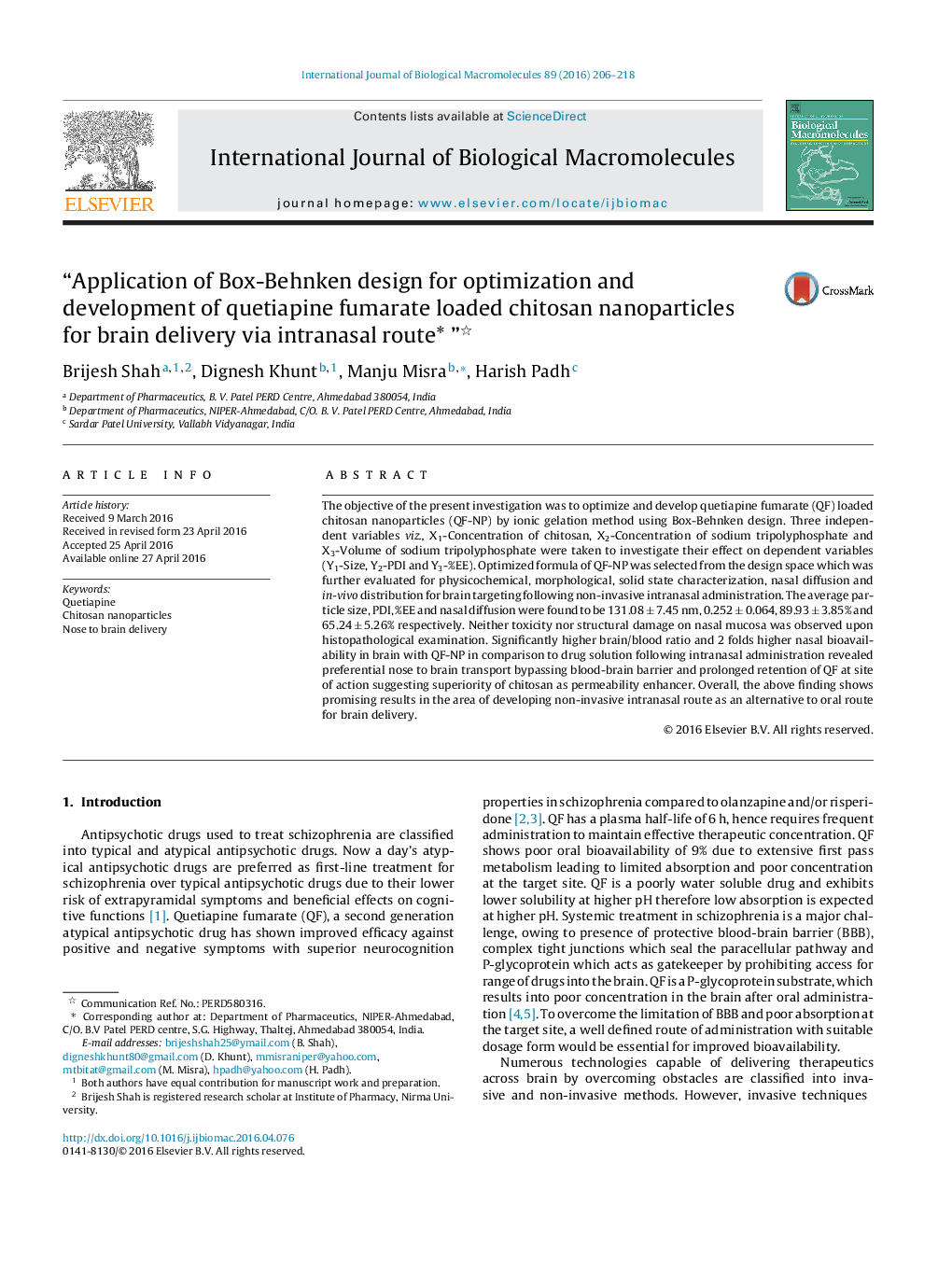 “Application of Box-Behnken design for optimization and development of quetiapine fumarate loaded chitosan nanoparticles for brain delivery via intranasal route* ”