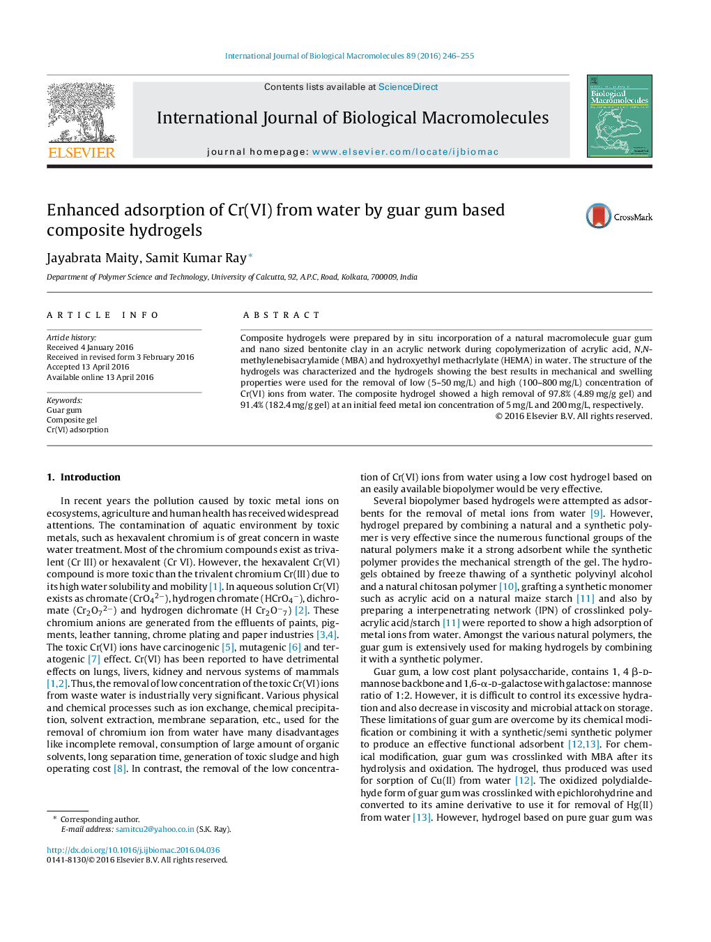 Enhanced adsorption of Cr(VI) from water by guar gum based composite hydrogels