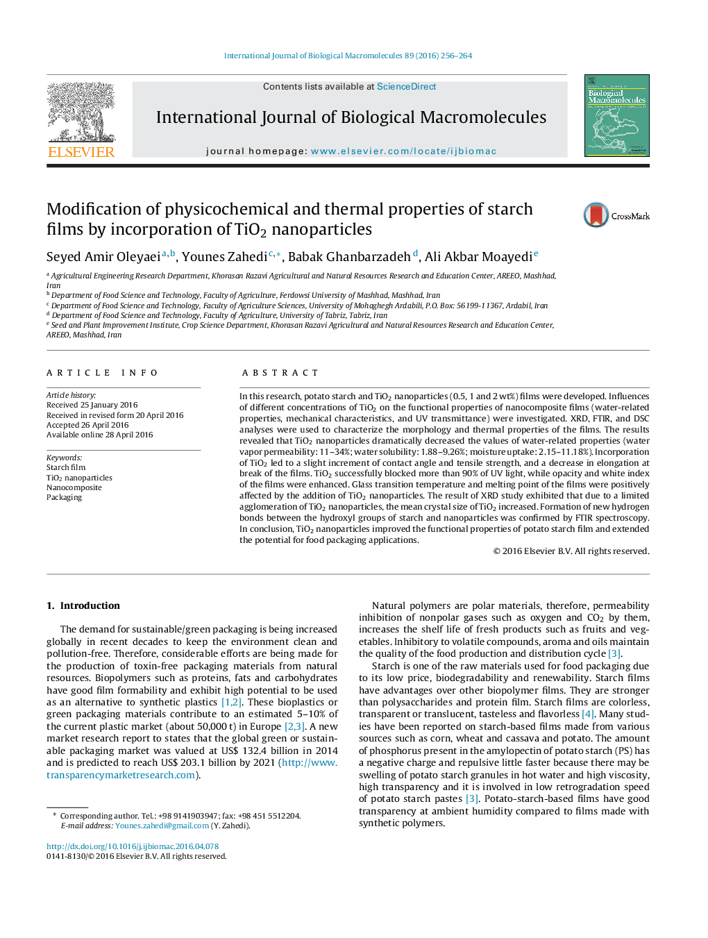 Modification of physicochemical and thermal properties of starch films by incorporation of TiO2 nanoparticles