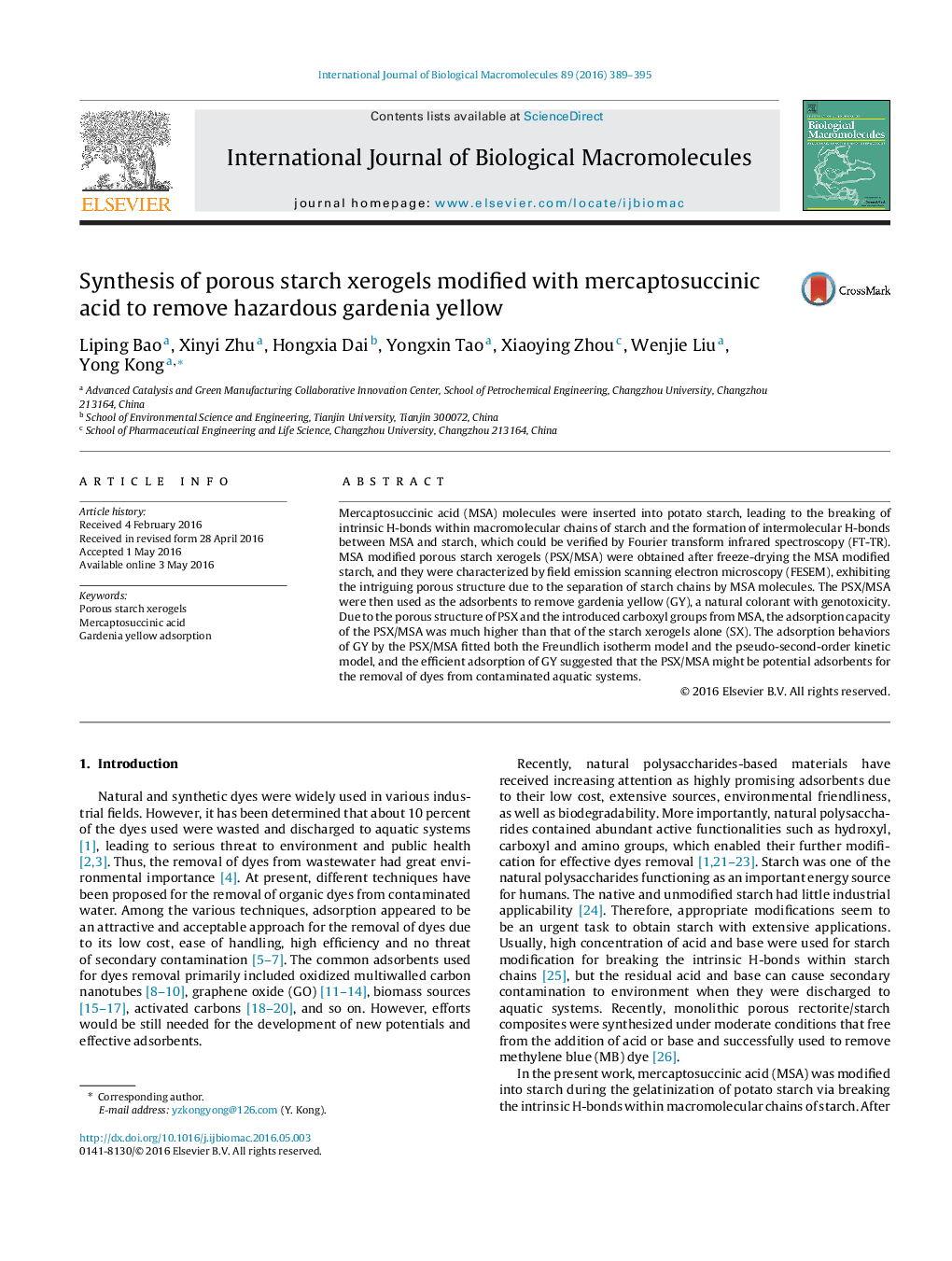 Synthesis of porous starch xerogels modified with mercaptosuccinic acid to remove hazardous gardenia yellow