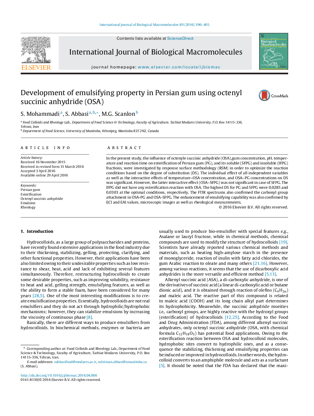 Development of emulsifying property in Persian gum using octenyl succinic anhydride (OSA)