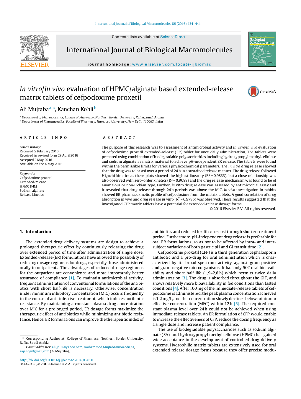 In vitro/in vivo evaluation of HPMC/alginate based extended-release matrix tablets of cefpodoxime proxetil