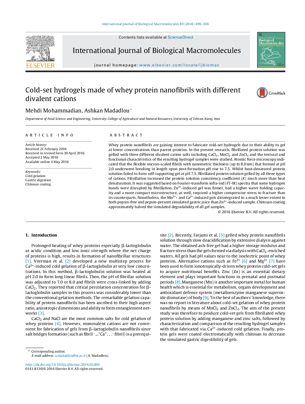 Cold-set hydrogels made of whey protein nanofibrils with different divalent cations