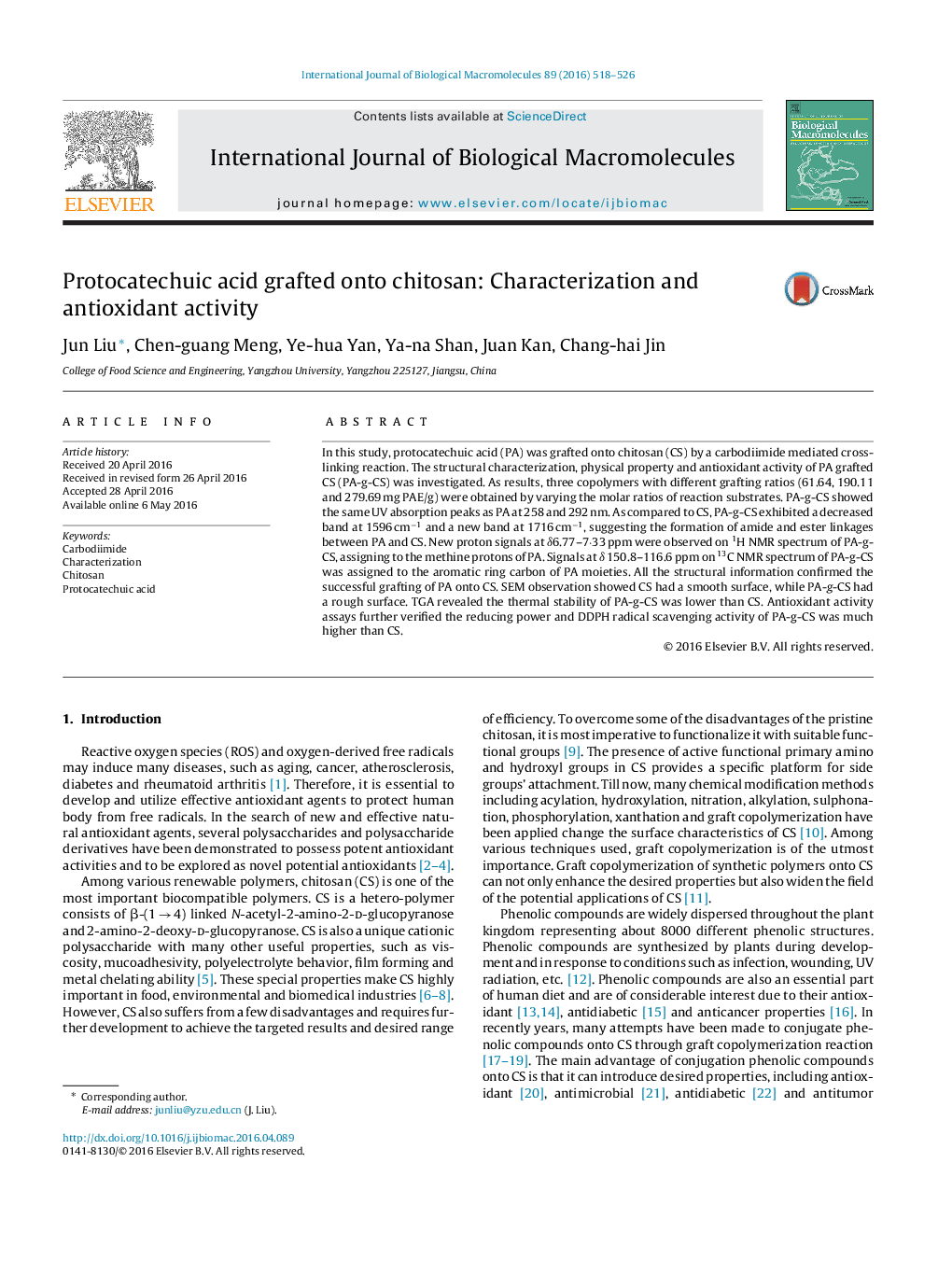 Protocatechuic acid grafted onto chitosan: Characterization and antioxidant activity