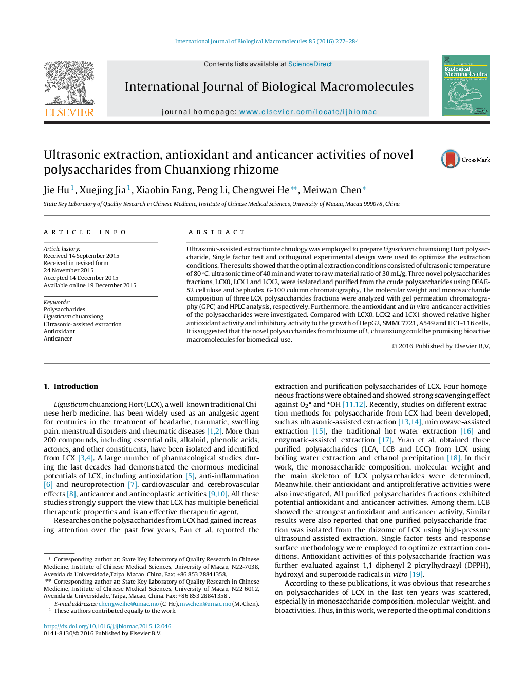 Ultrasonic extraction, antioxidant and anticancer activities of novel polysaccharides from Chuanxiong rhizome