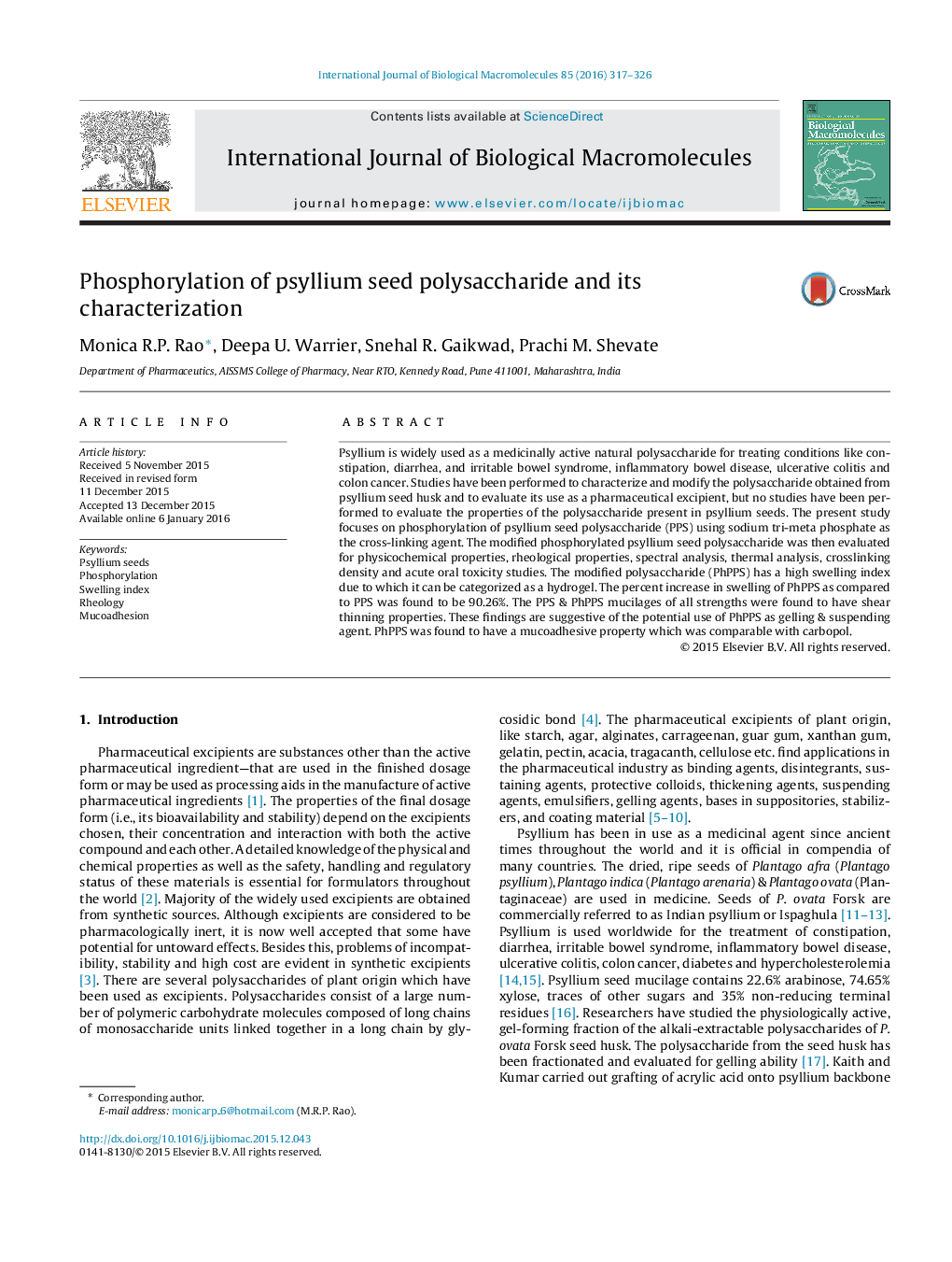 Phosphorylation of psyllium seed polysaccharide and its characterization