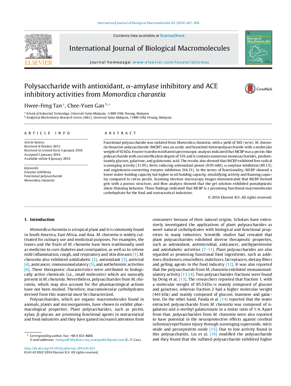 Polysaccharide with antioxidant, α-amylase inhibitory and ACE inhibitory activities from Momordica charantia