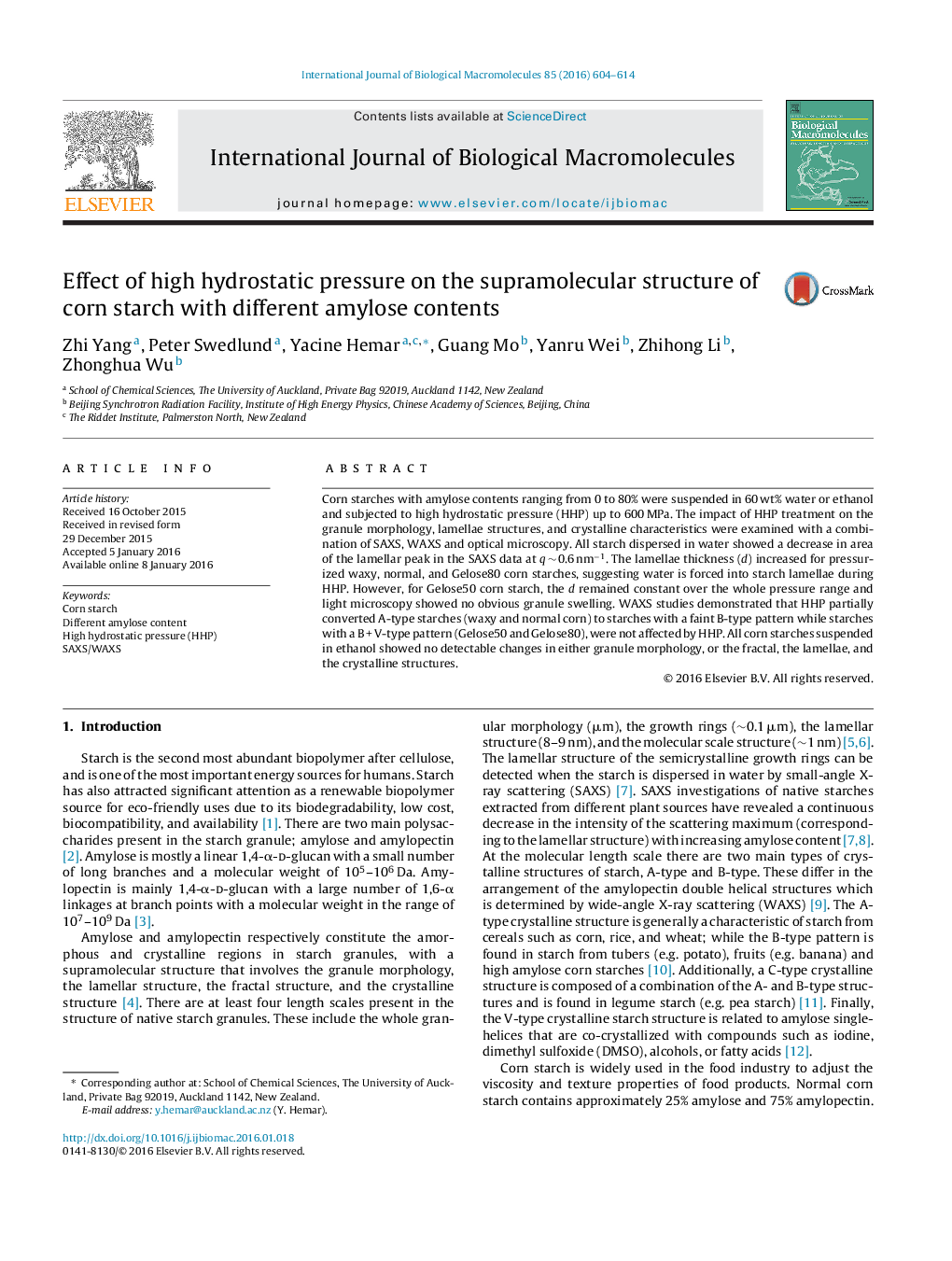 Effect of high hydrostatic pressure on the supramolecular structure of corn starch with different amylose contents