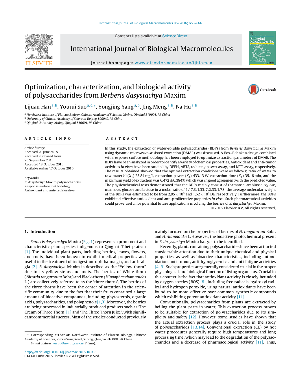 Optimization, characterization, and biological activity of polysaccharides from Berberis dasystachya Maxim
