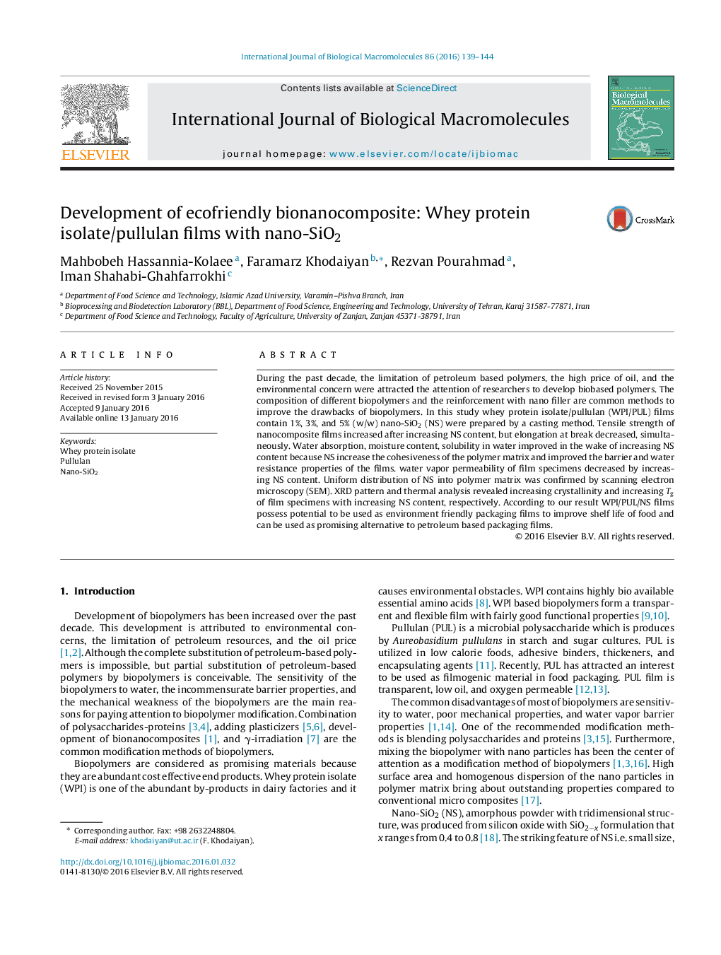 Development of ecofriendly bionanocomposite: Whey protein isolate/pullulan films with nano-SiO2