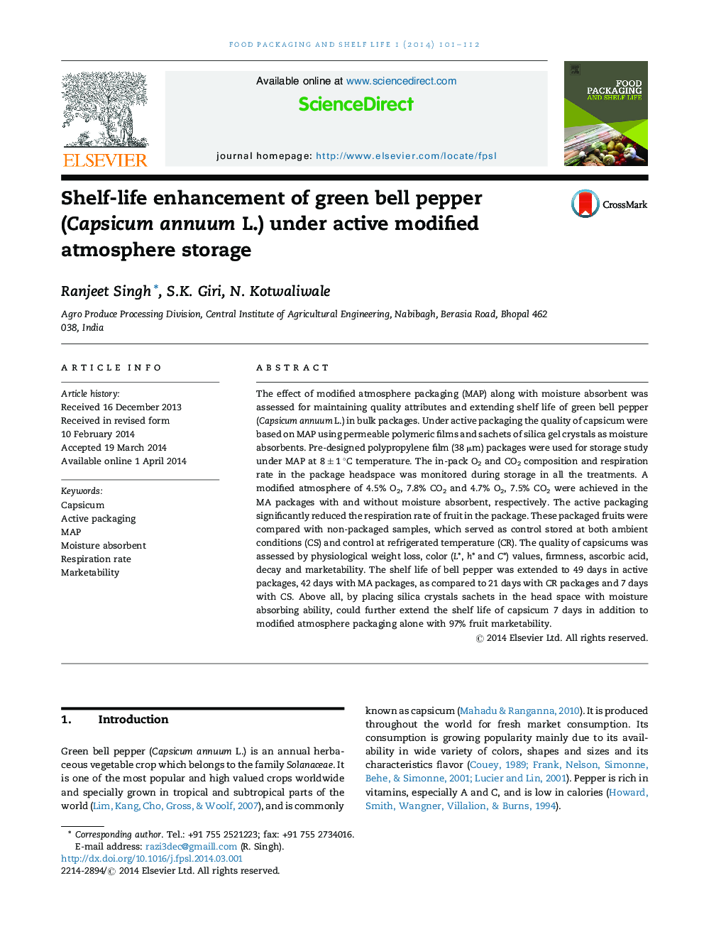 Shelf-life enhancement of green bell pepper (Capsicum annuum L.) under active modified atmosphere storage