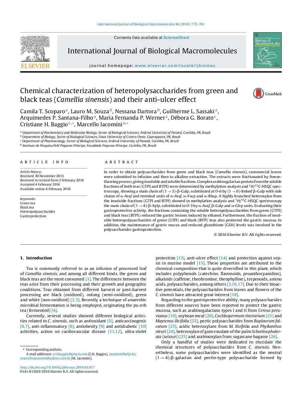 Chemical characterization of heteropolysaccharides from green and black teas (Camellia sinensis) and their anti-ulcer effect