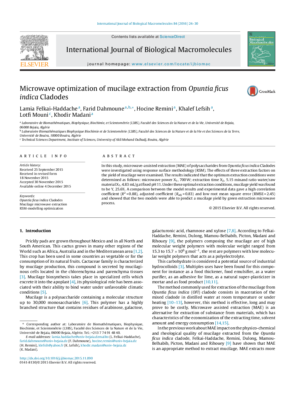 Microwave optimization of mucilage extraction from Opuntia ficus indica Cladodes