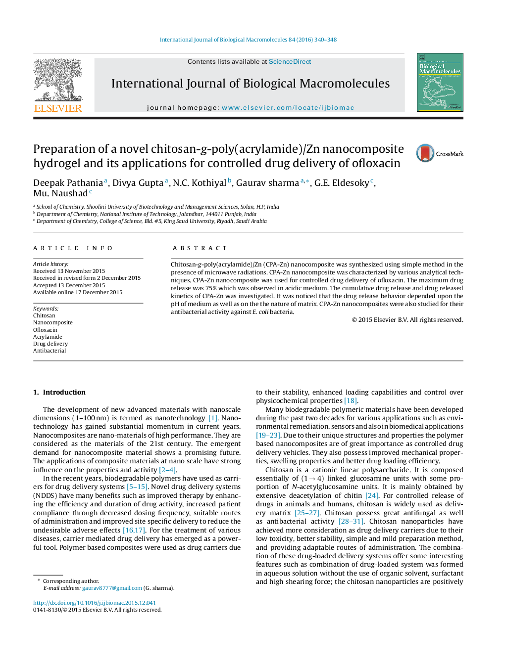 عکس صفحه اول مقاله: Preparation of a novel chitosan-g-poly(acrylamide)/Zn nanocomposite hydrogel and its applications for controlled drug delivery of ofloxacin Preparation of a novel chitosan-g-poly(acrylamide)/Zn nanocomposite hydrogel and its applications for controlled drug delivery of ofloxacin