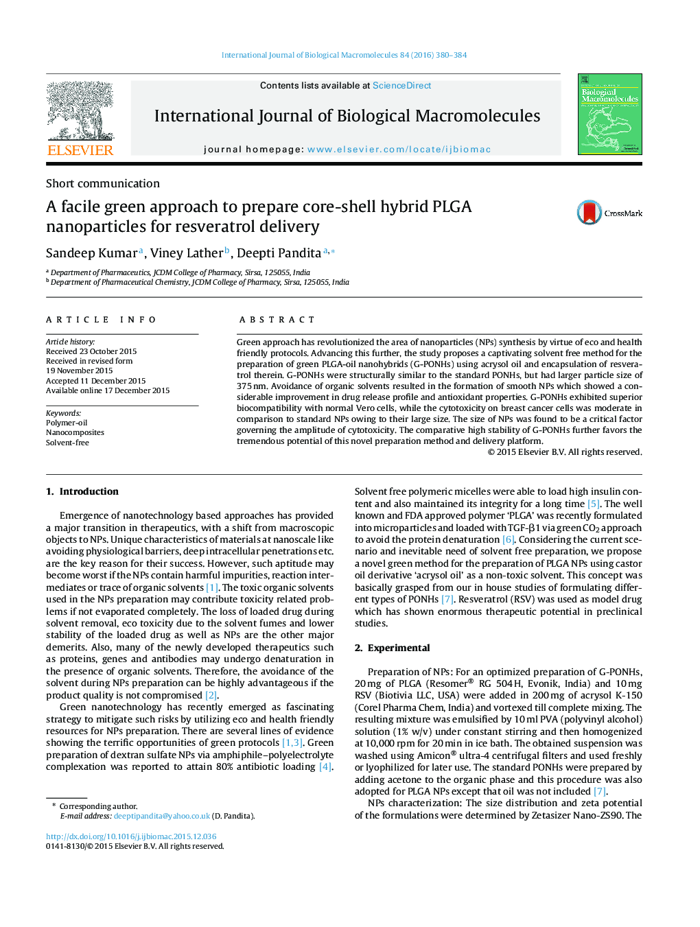 A facile green approach to prepare core-shell hybrid PLGA nanoparticles for resveratrol delivery