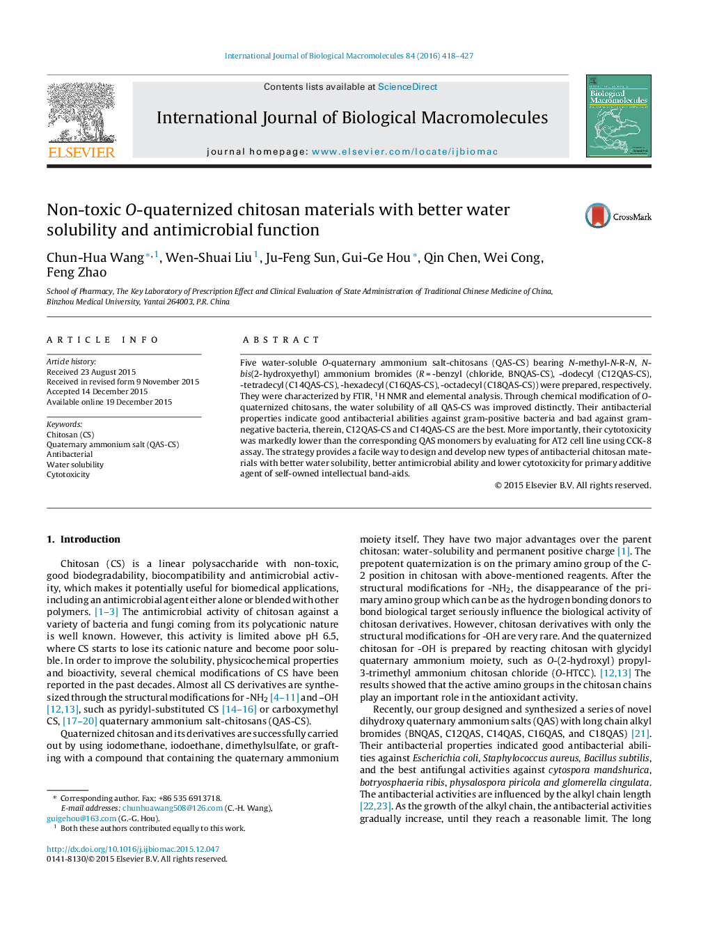 Non-toxic O-quaternized chitosan materials with better water solubility and antimicrobial function