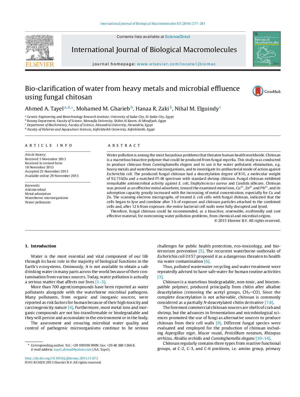 Bio-clarification of water from heavy metals and microbial effluence using fungal chitosan