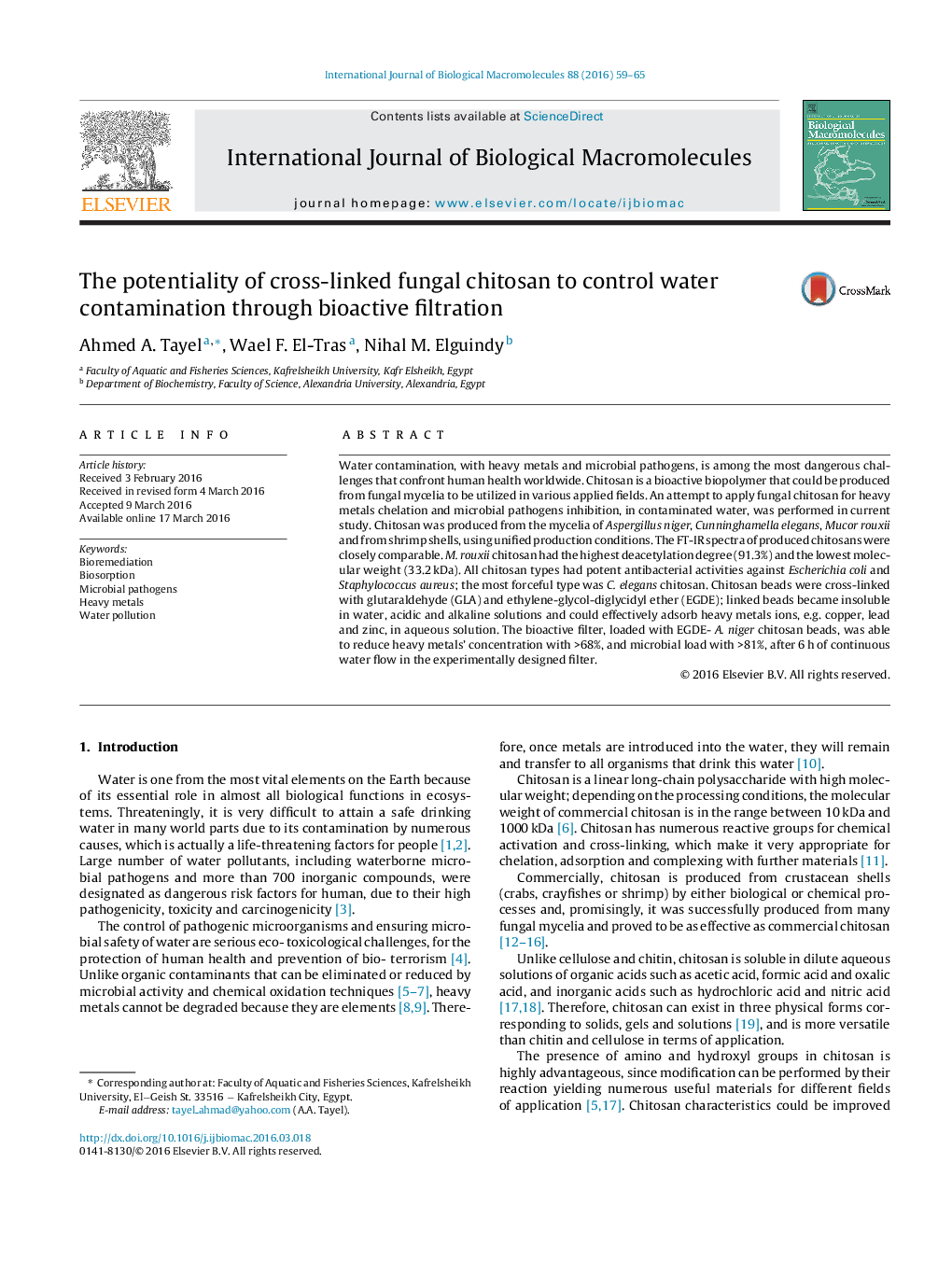 The potentiality of cross-linked fungal chitosan to control water contamination through bioactive filtration