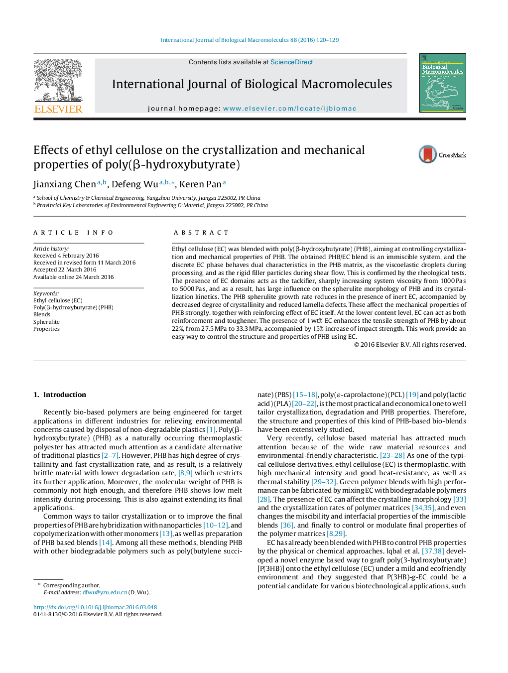 Effects of ethyl cellulose on the crystallization and mechanical properties of poly(β-hydroxybutyrate)