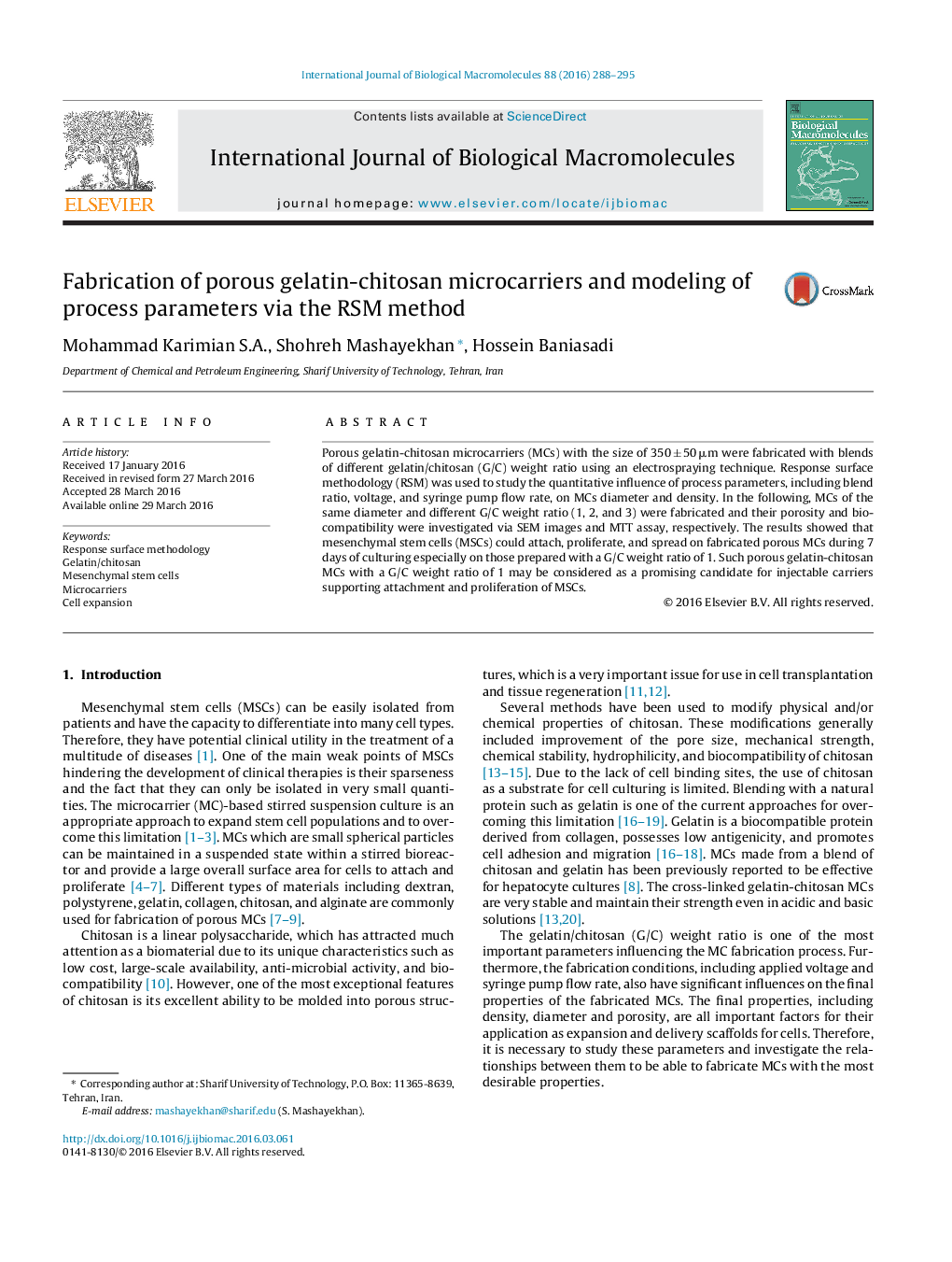 Fabrication of porous gelatin-chitosan microcarriers and modeling of process parameters via the RSM method