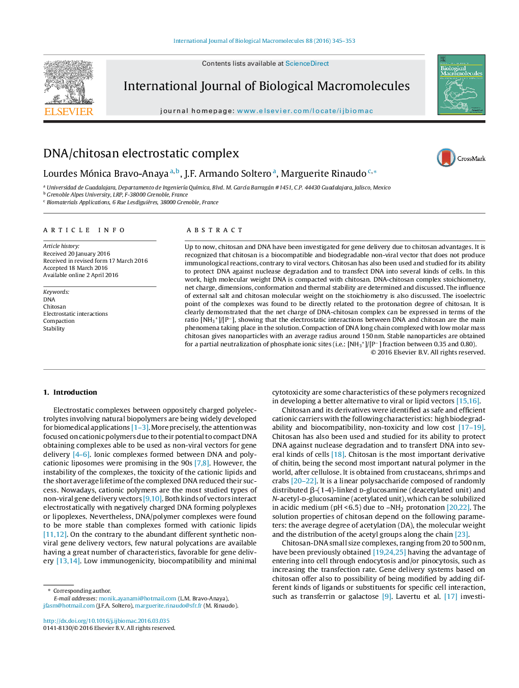 DNA/chitosan electrostatic complex