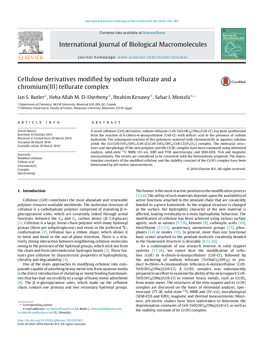 عکس صفحه اول مقاله: Cellulose derivatives modified by sodium tellurate and a chromium(III) tellurate complex Cellulose derivatives modified by sodium tellurate and a chromium(III) tellurate complex