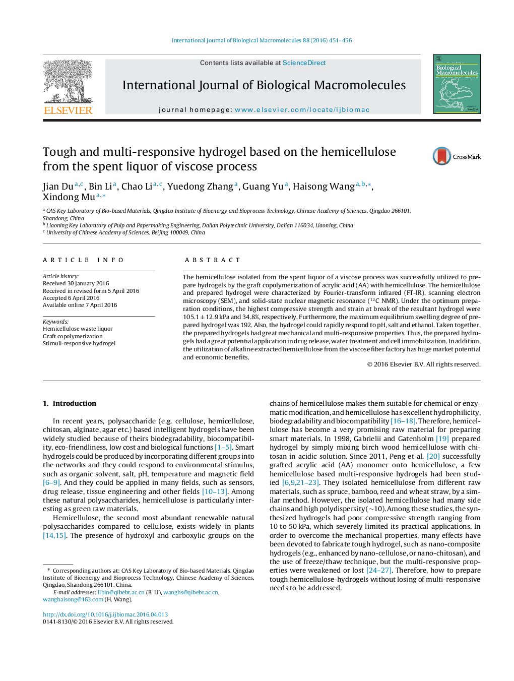 Tough and multi-responsive hydrogel based on the hemicellulose from the spent liquor of viscose process