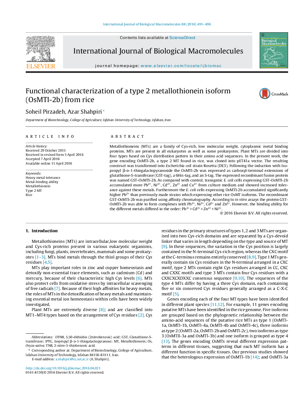 Functional characterization of a type 2 metallothionein isoform (OsMTI-2b) from rice