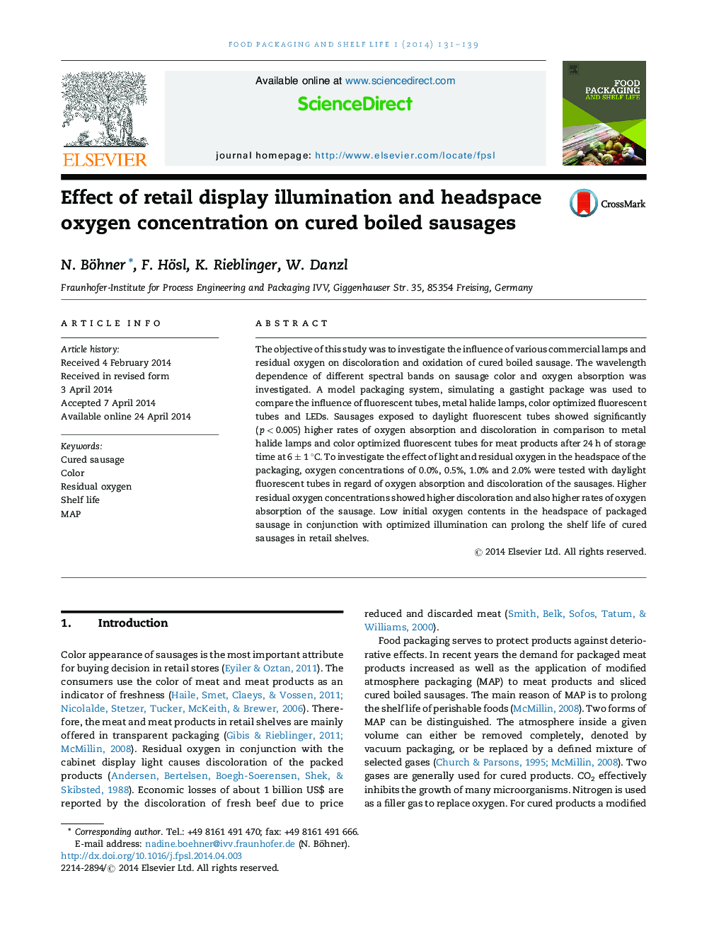 Effect of retail display illumination and headspace oxygen concentration on cured boiled sausages