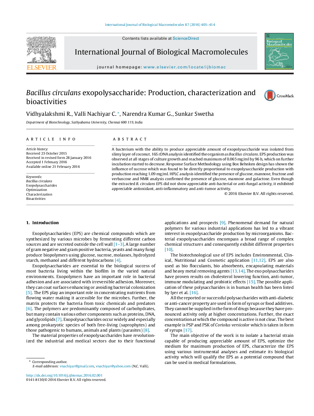 Bacillus circulans exopolysaccharide: Production, characterization and bioactivities