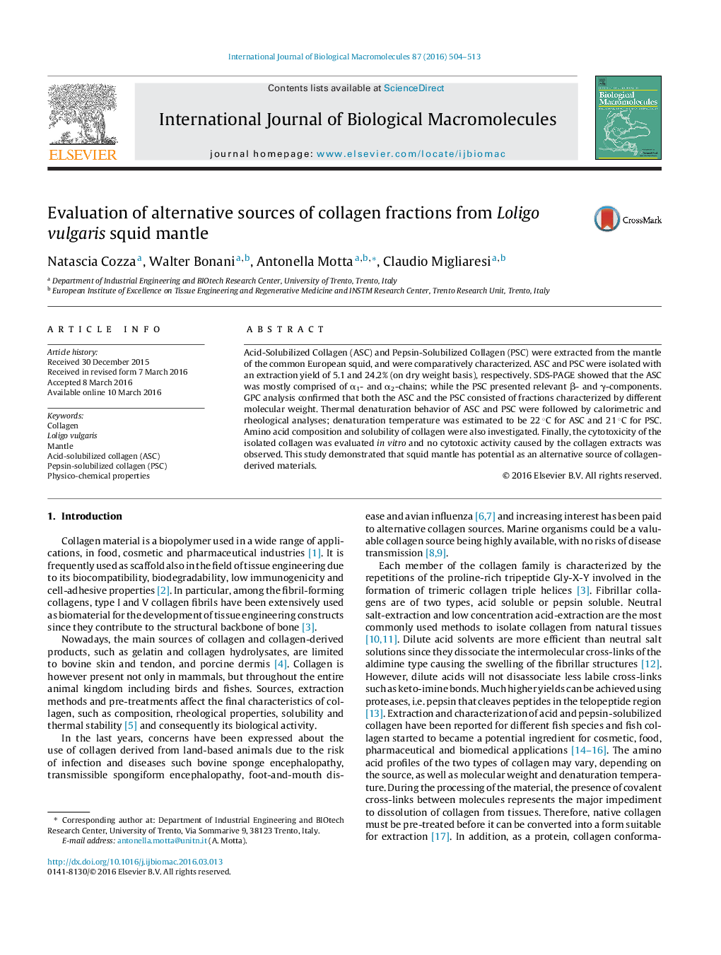 Evaluation of alternative sources of collagen fractions from Loligo vulgaris squid mantle