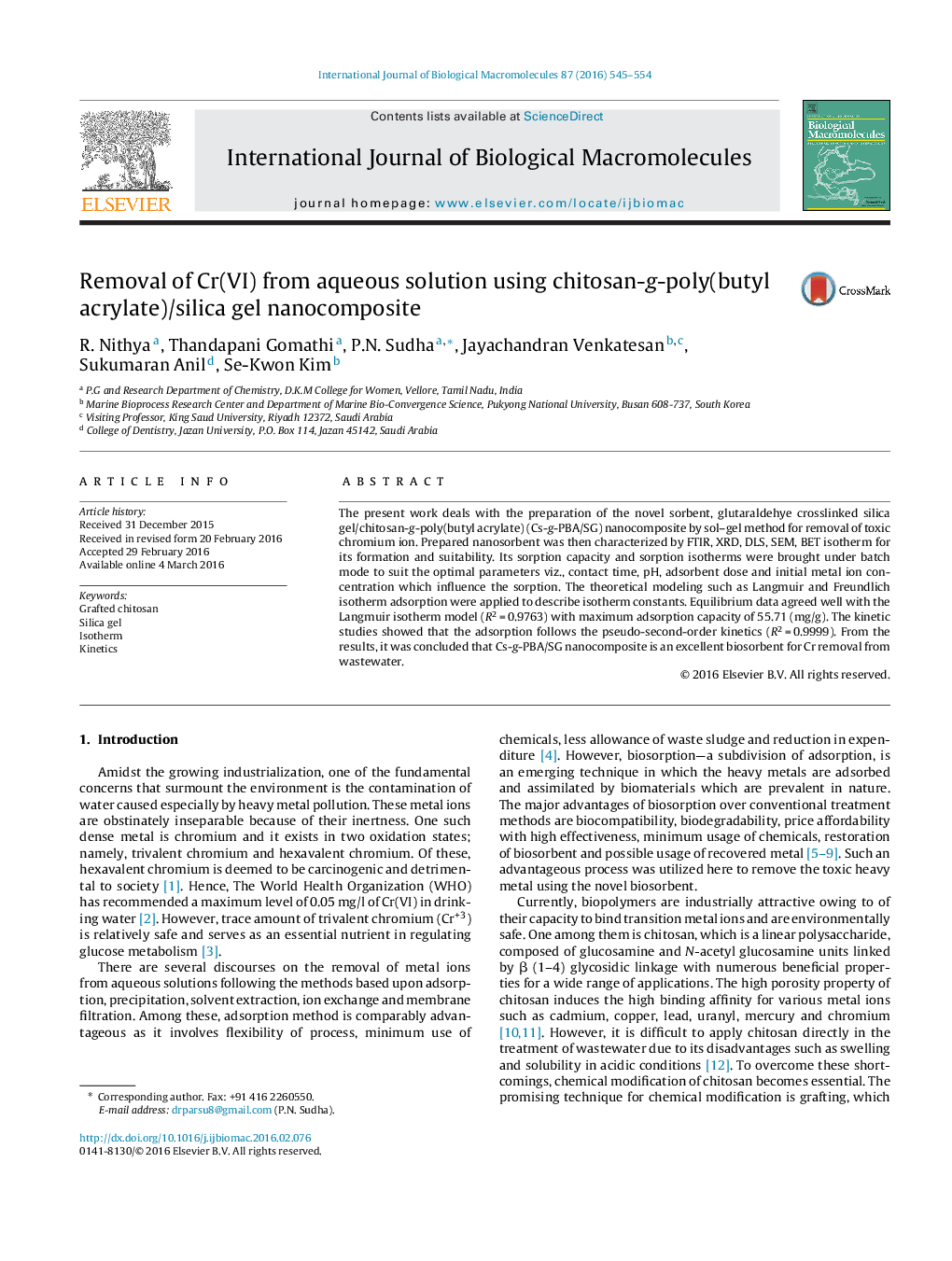 Removal of Cr(VI) from aqueous solution using chitosan-g-poly(butyl acrylate)/silica gel nanocomposite