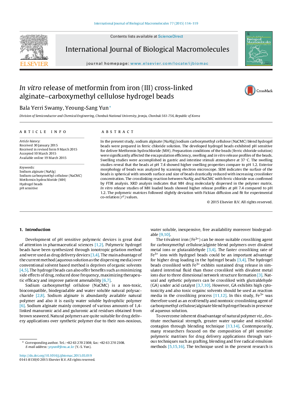 In vitro release of metformin from iron (III) cross-linked alginate–carboxymethyl cellulose hydrogel beads