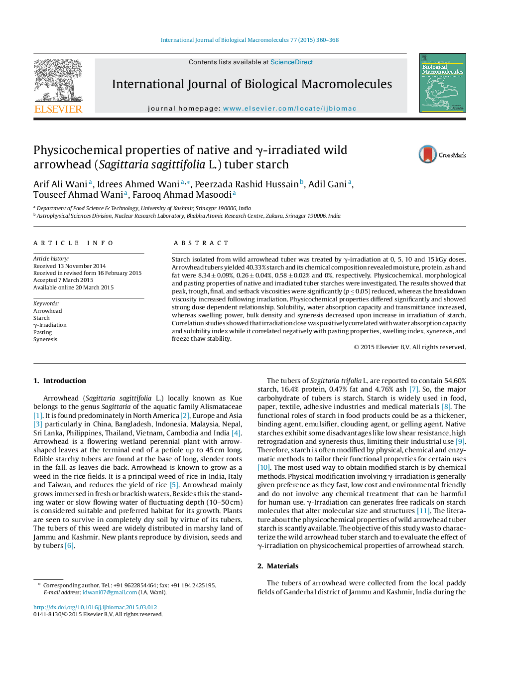 Physicochemical properties of native and γ-irradiated wild arrowhead (Sagittaria sagittifolia L.) tuber starch