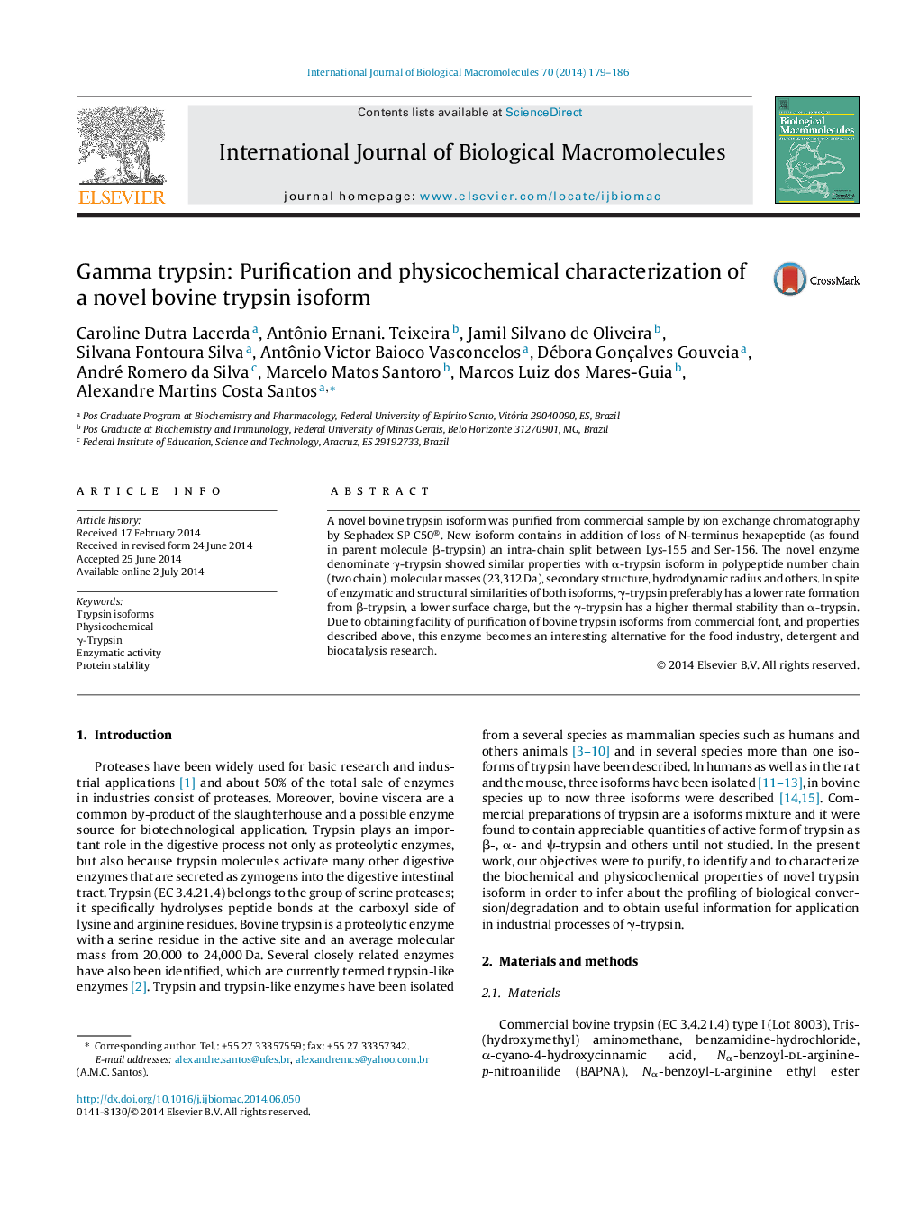 Gamma trypsin: Purification and physicochemical characterization of a novel bovine trypsin isoform