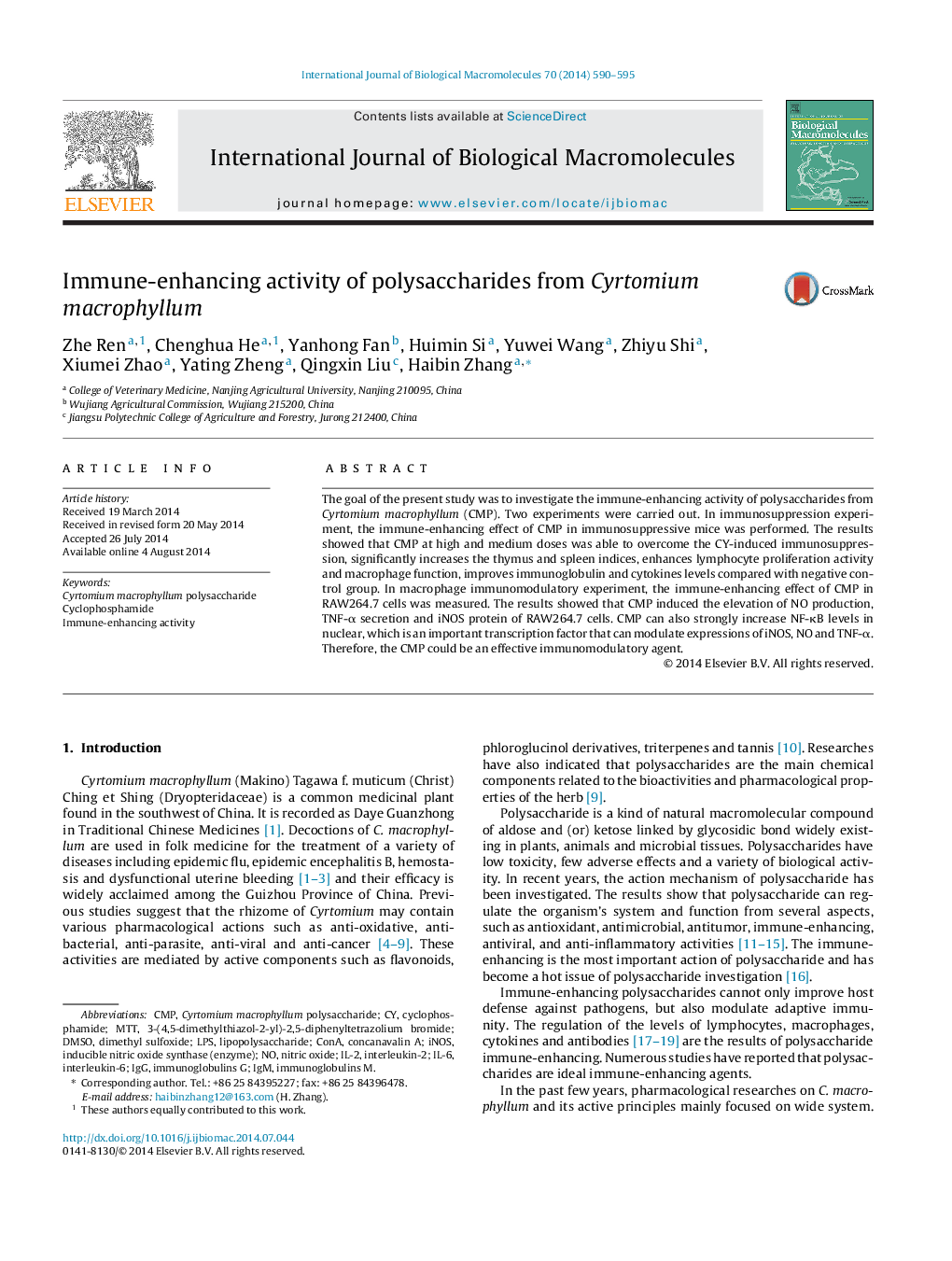 Immune-enhancing activity of polysaccharides from Cyrtomium macrophyllum