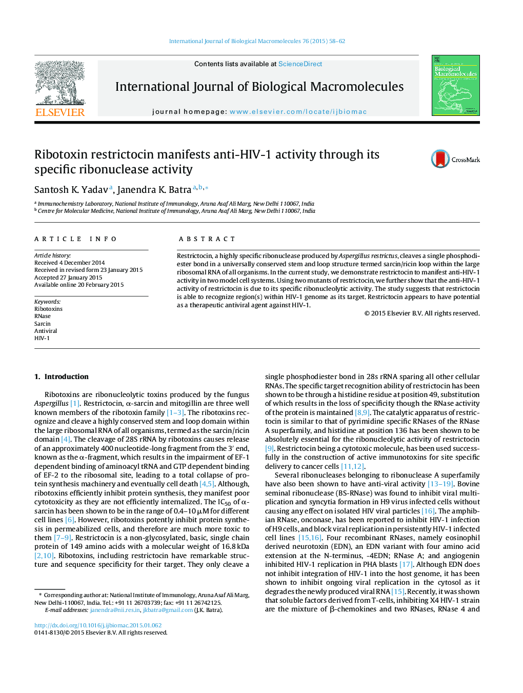 Ribotoxin restrictocin manifests anti-HIV-1 activity through its specific ribonuclease activity