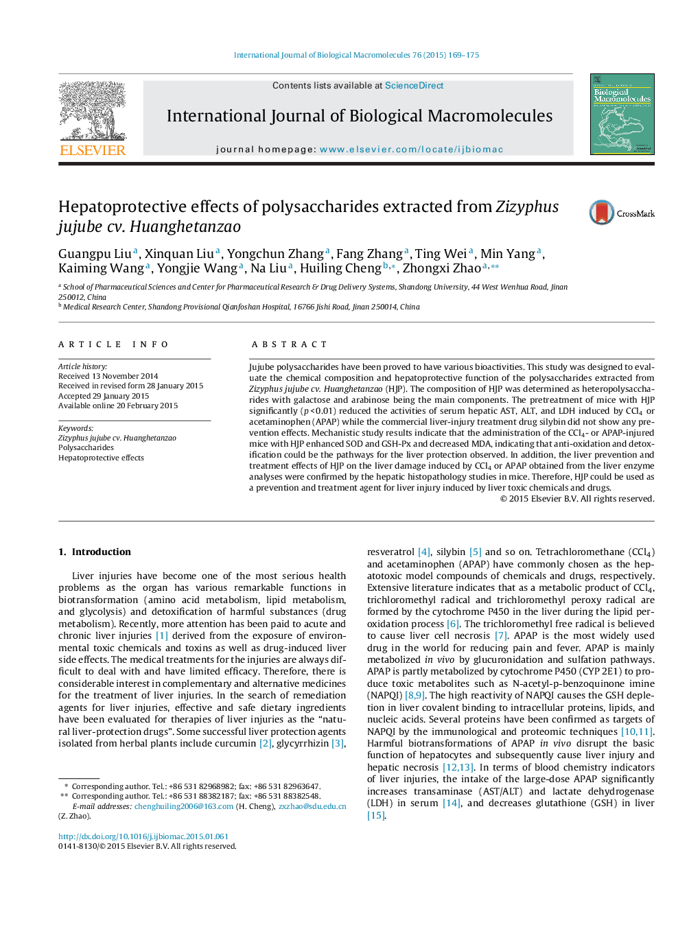 Hepatoprotective effects of polysaccharides extracted from Zizyphus jujube cv. Huanghetanzao