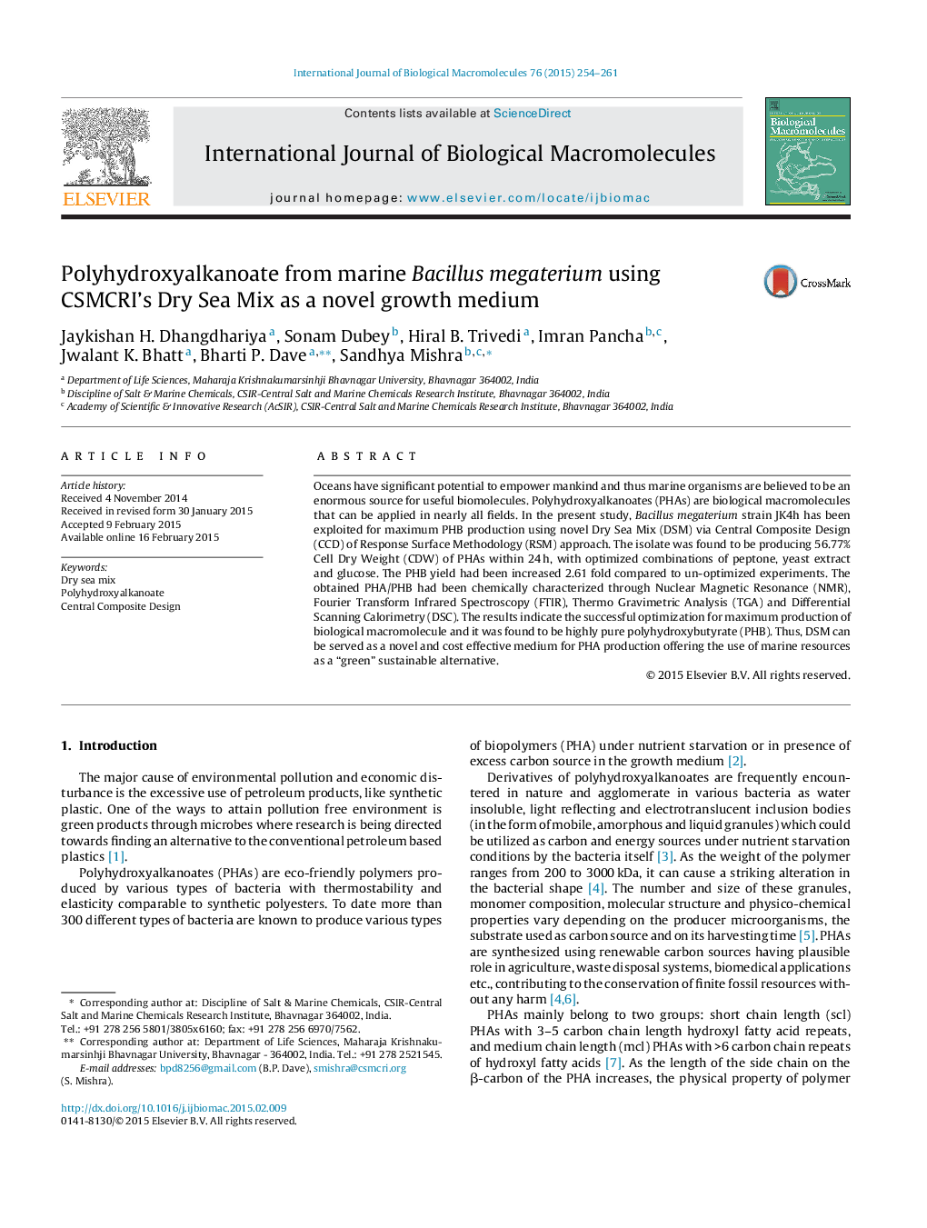 Polyhydroxyalkanoate from marine Bacillus megaterium using CSMCRI's Dry Sea Mix as a novel growth medium