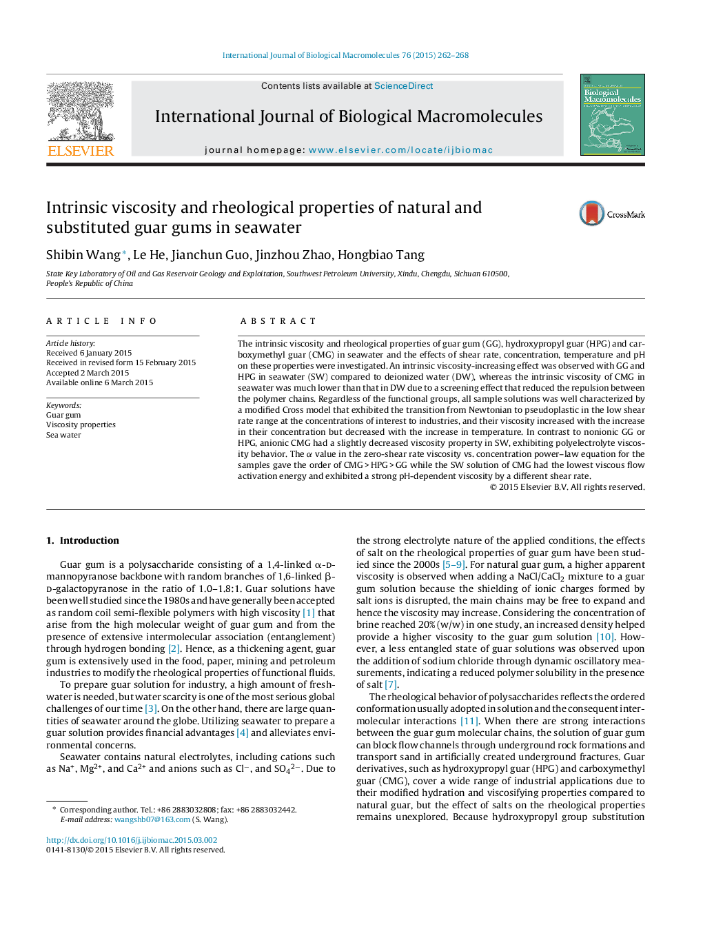 Intrinsic viscosity and rheological properties of natural and substituted guar gums in seawater