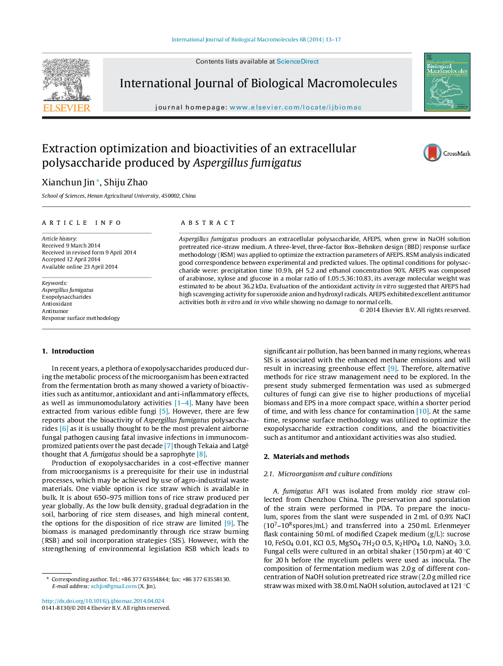 Extraction optimization and bioactivities of an extracellular polysaccharide produced by Aspergillus fumigatus